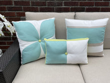 Load image into Gallery viewer, Sunbrella Flower Power Pillow in Glacier/Flax
