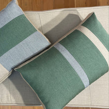 Load image into Gallery viewer, Sunbrella Duo Stripe Lumbar Pillow in Fern/Heather Beige/Flint
